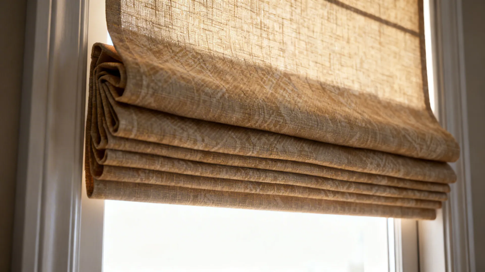 Detailed view of folded roman shade fabric and texture