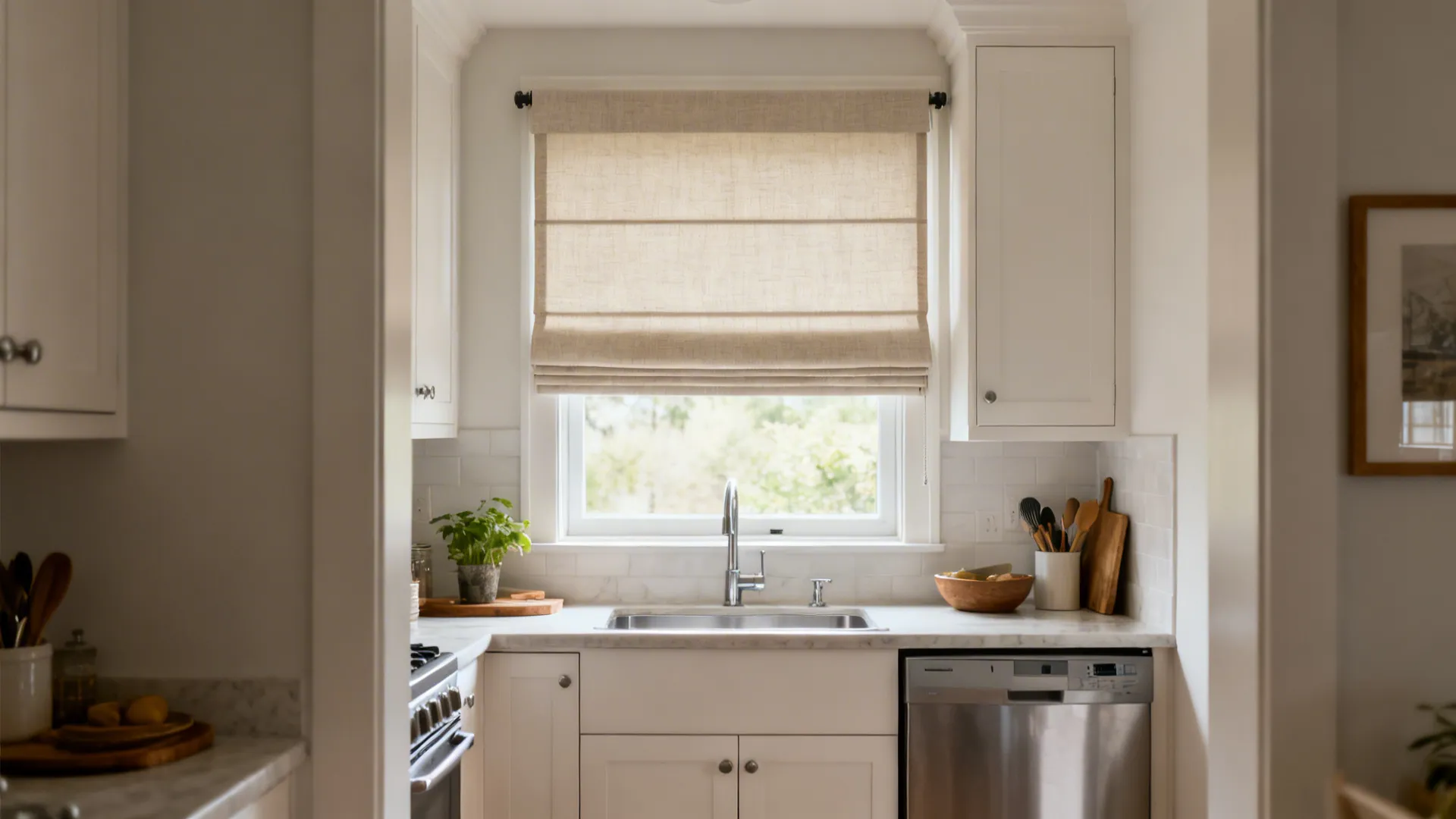 Small kitchen window with a neutral moisture-resistant Roman shade above a sink.