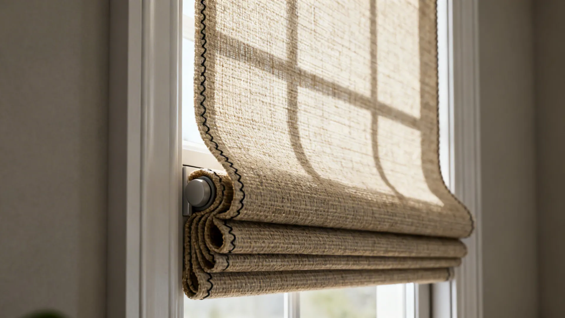 Close up of textured beige window blind with black stitching and soft sunlight shining through