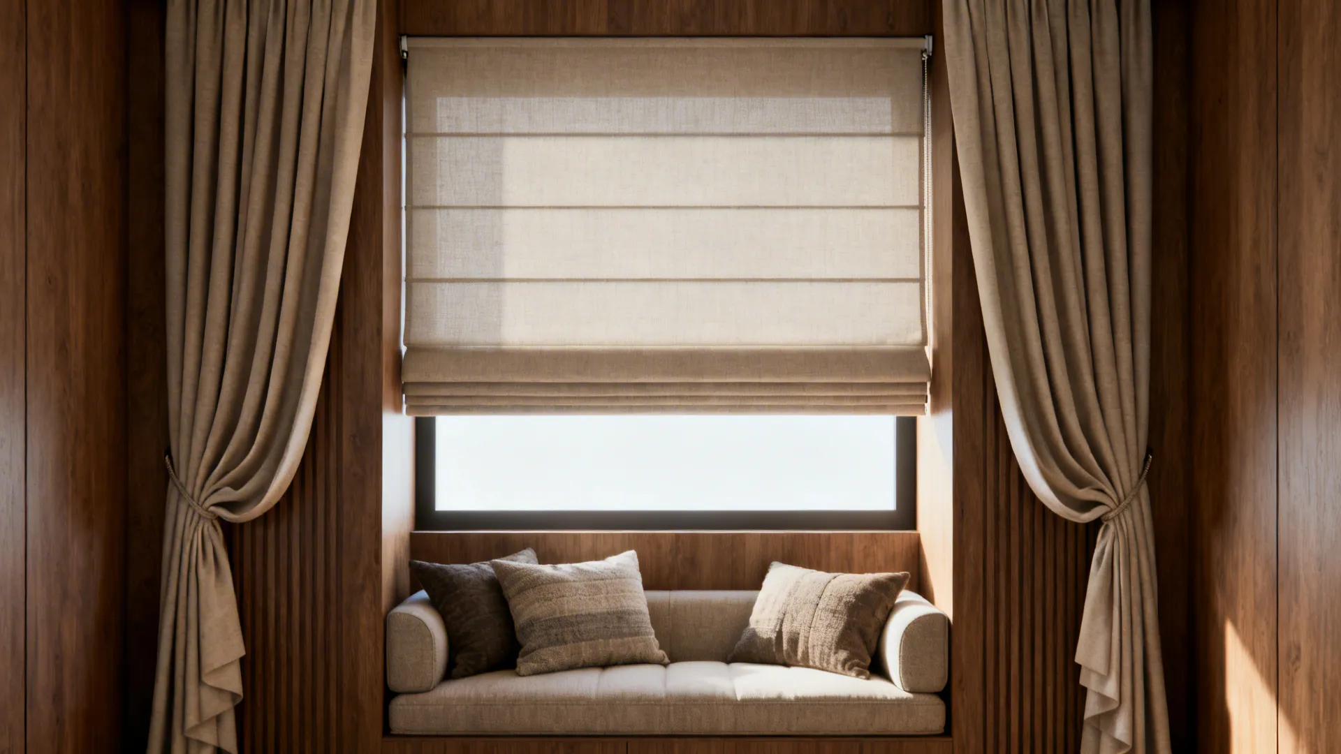 Roman shade paired with draped side panels above a compact sofa for a tailored layered look.