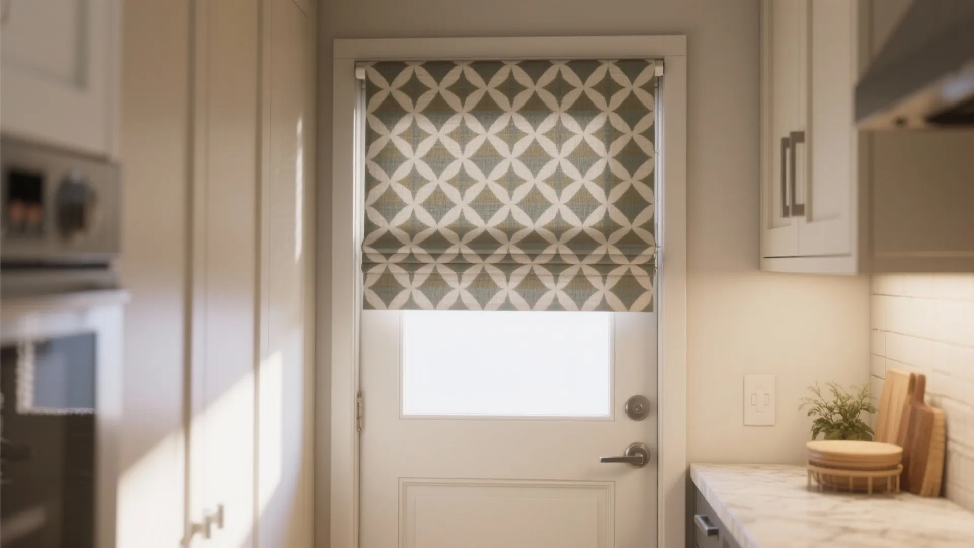 Modern kitchen window featuring a green patterned fabric curtain with white cabinets and marble countertop