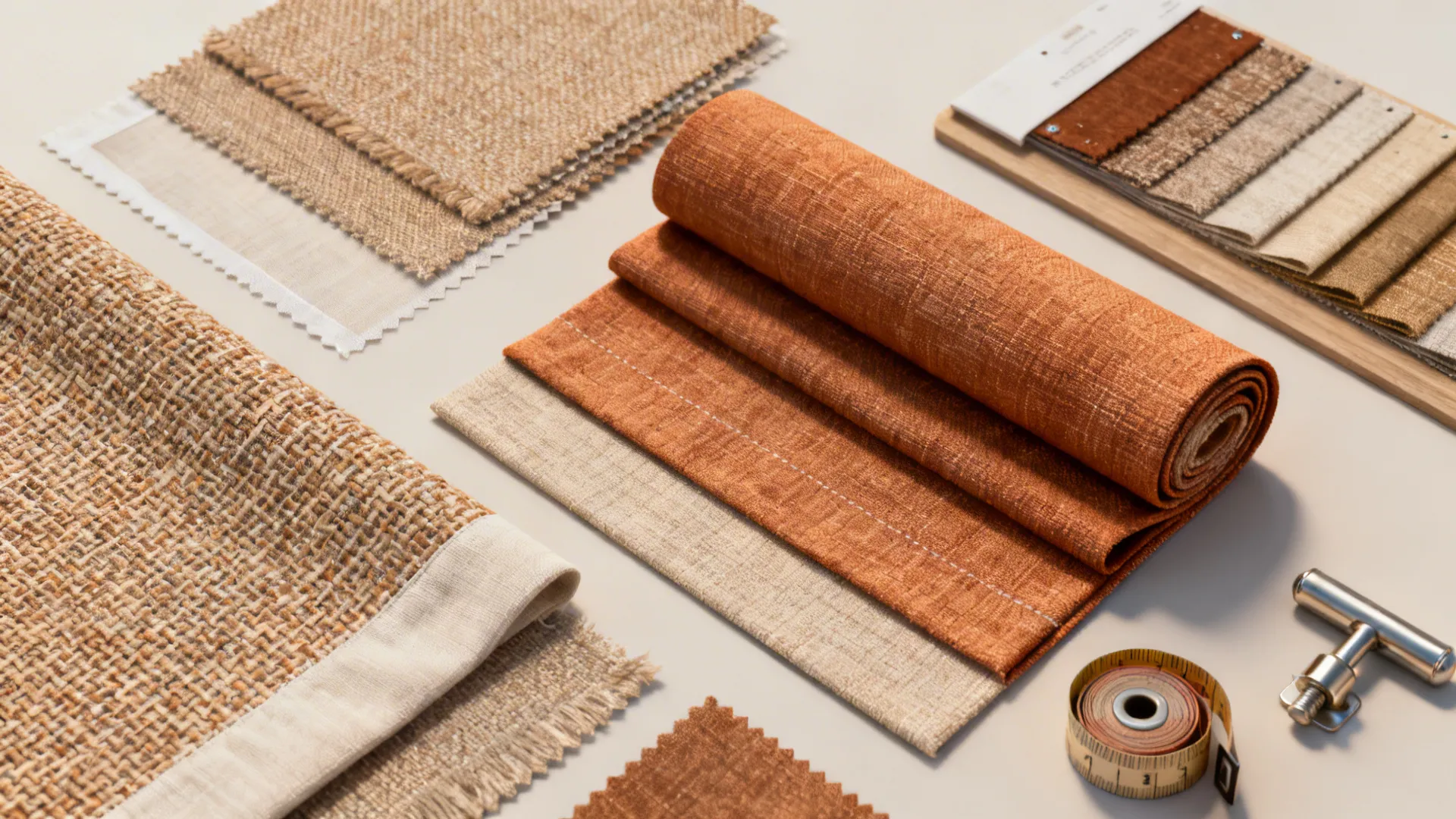 Flatlay of Roman shade fabric samples and lining swatches