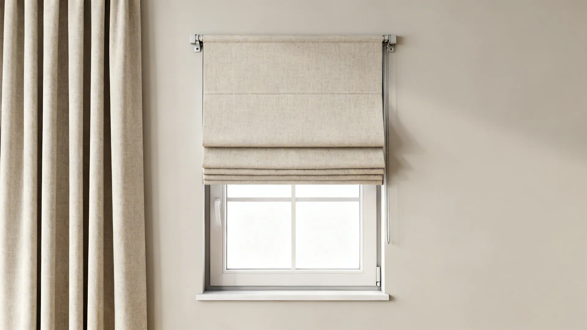 Small window with a fitted Roman shade and narrow side drapes clipped on for style and scale