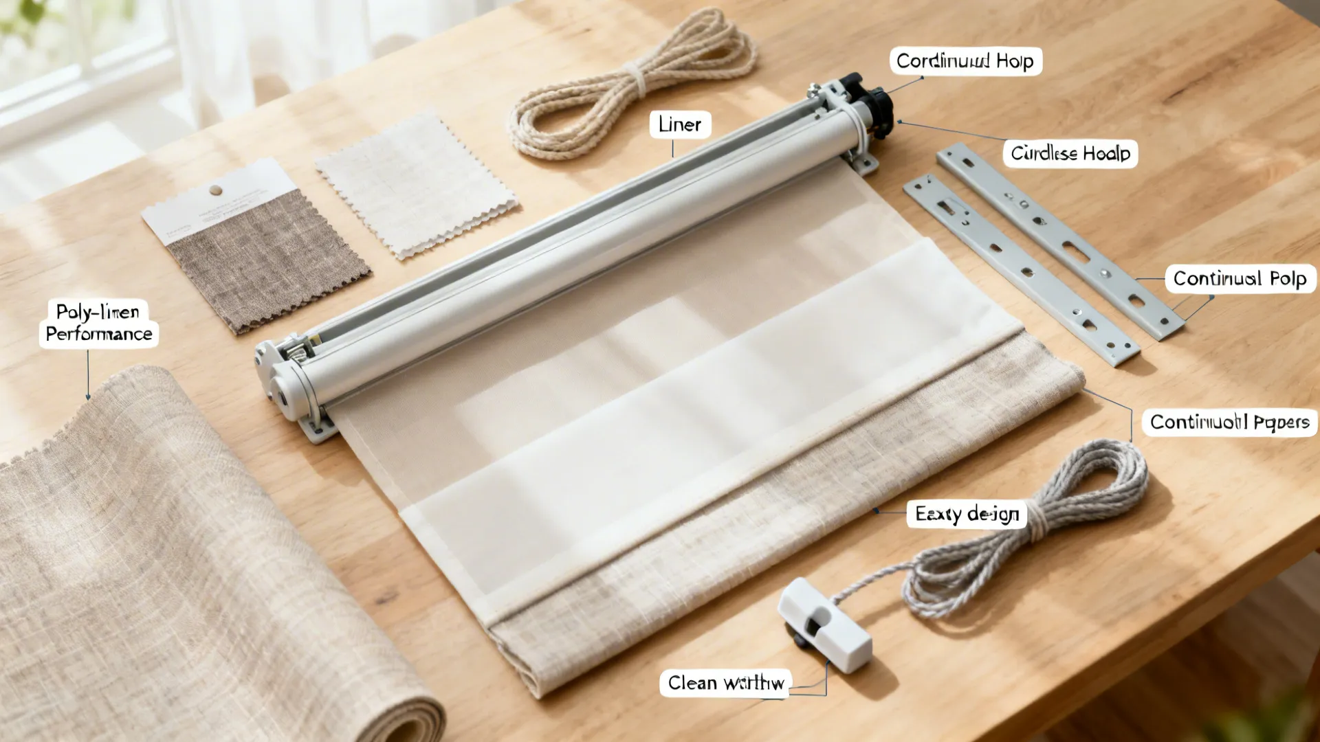 Top-down layout of Roman shade components with performance fabric and liner.