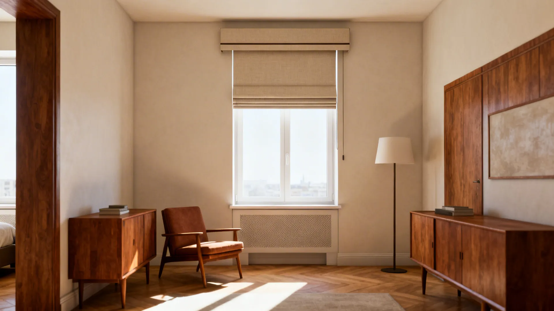 Warm living room featuring window blind, wooden cabinets, brown armchair, floor lamp, and herringbone floor