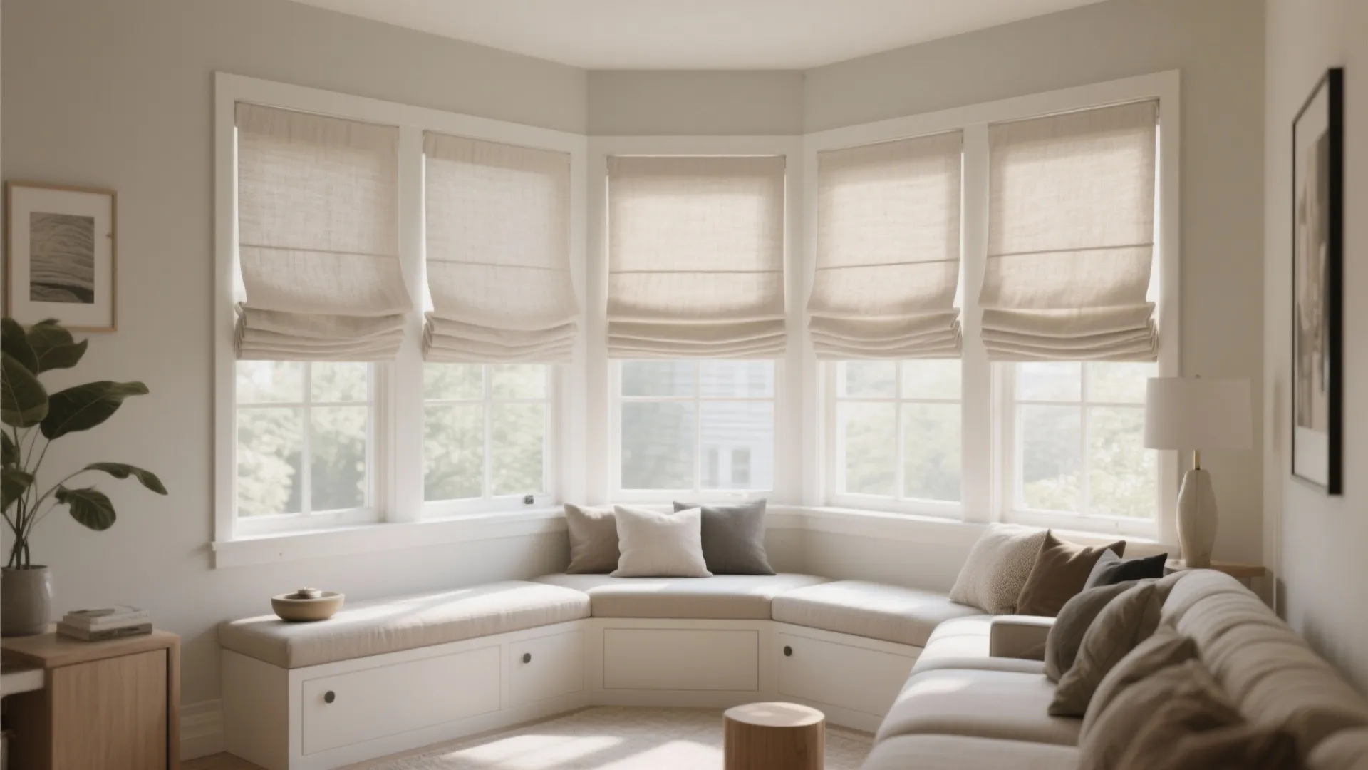 Bay window with tailored roman shades in a small living room