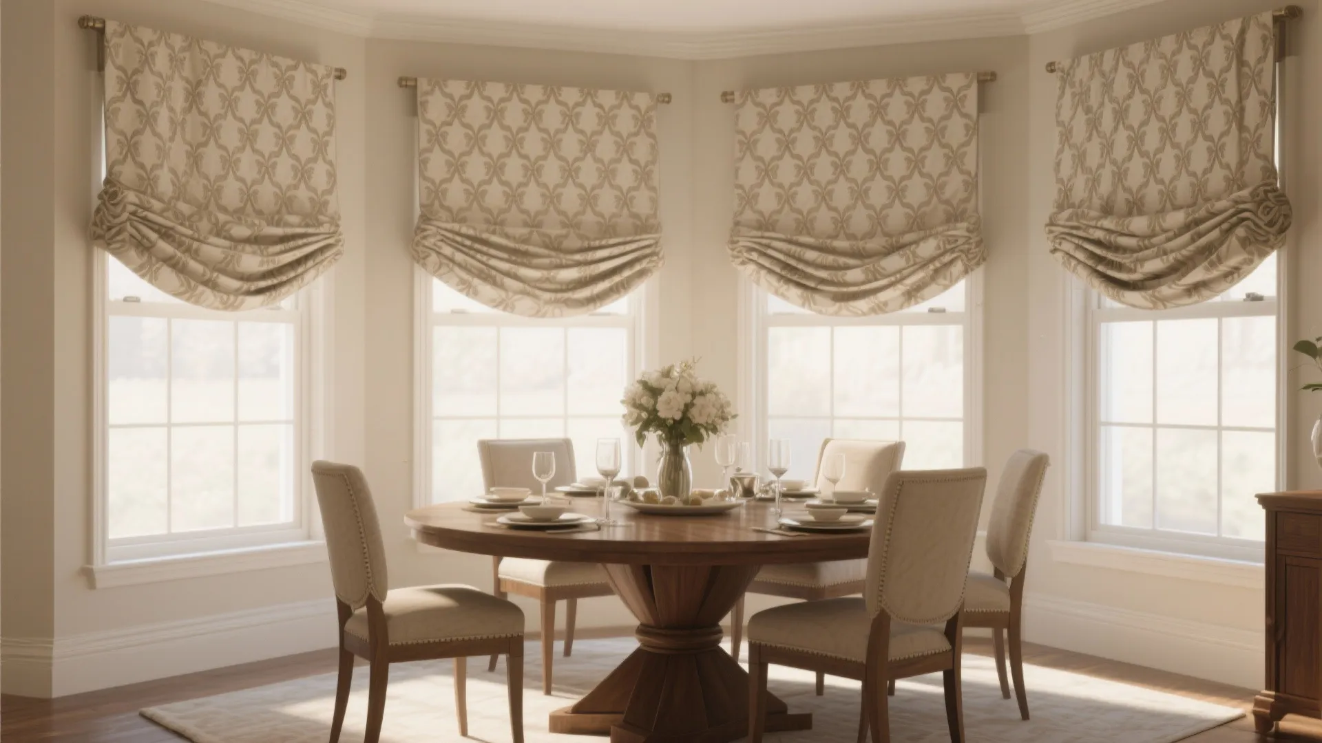 Dining room with patterned roman shades and neutral decor