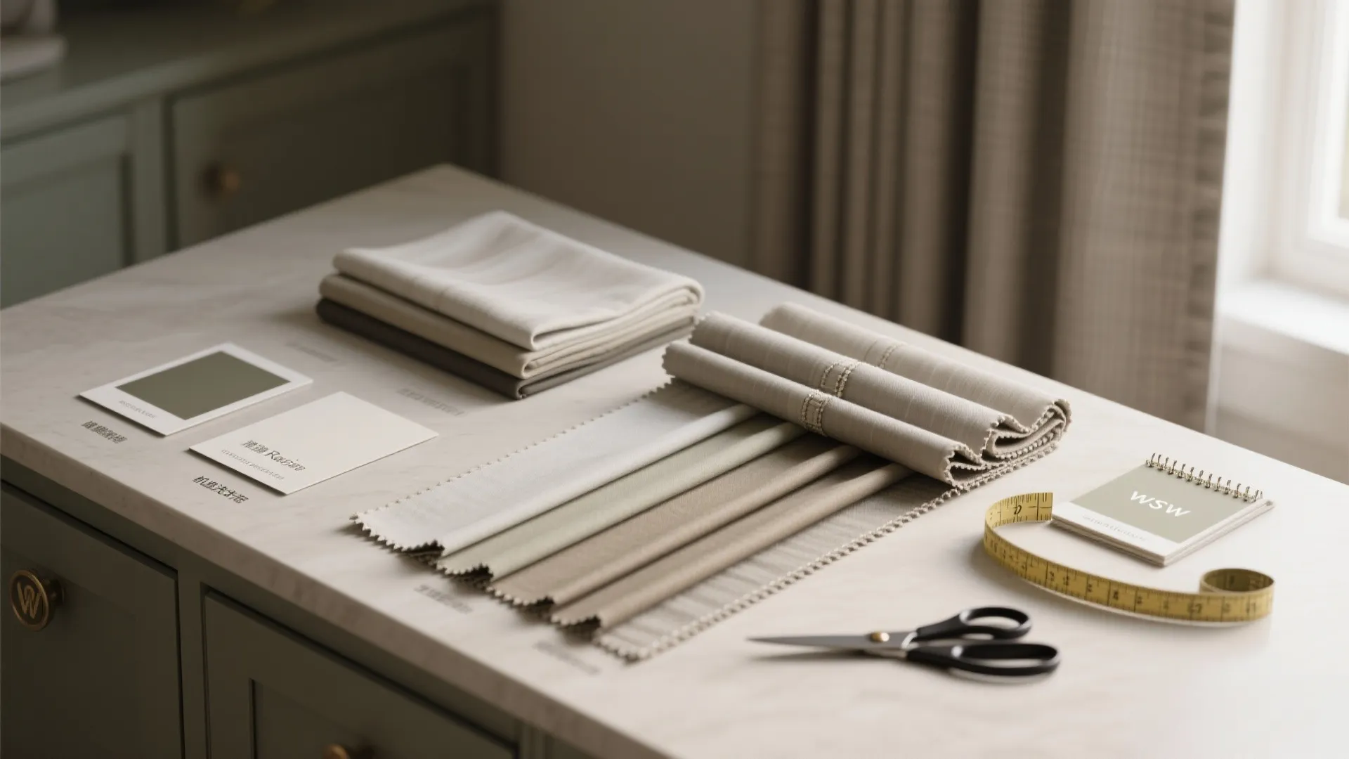 Flatlay of slim Roman shade fabric and machine-washable lining swatches with cabinetry color match.