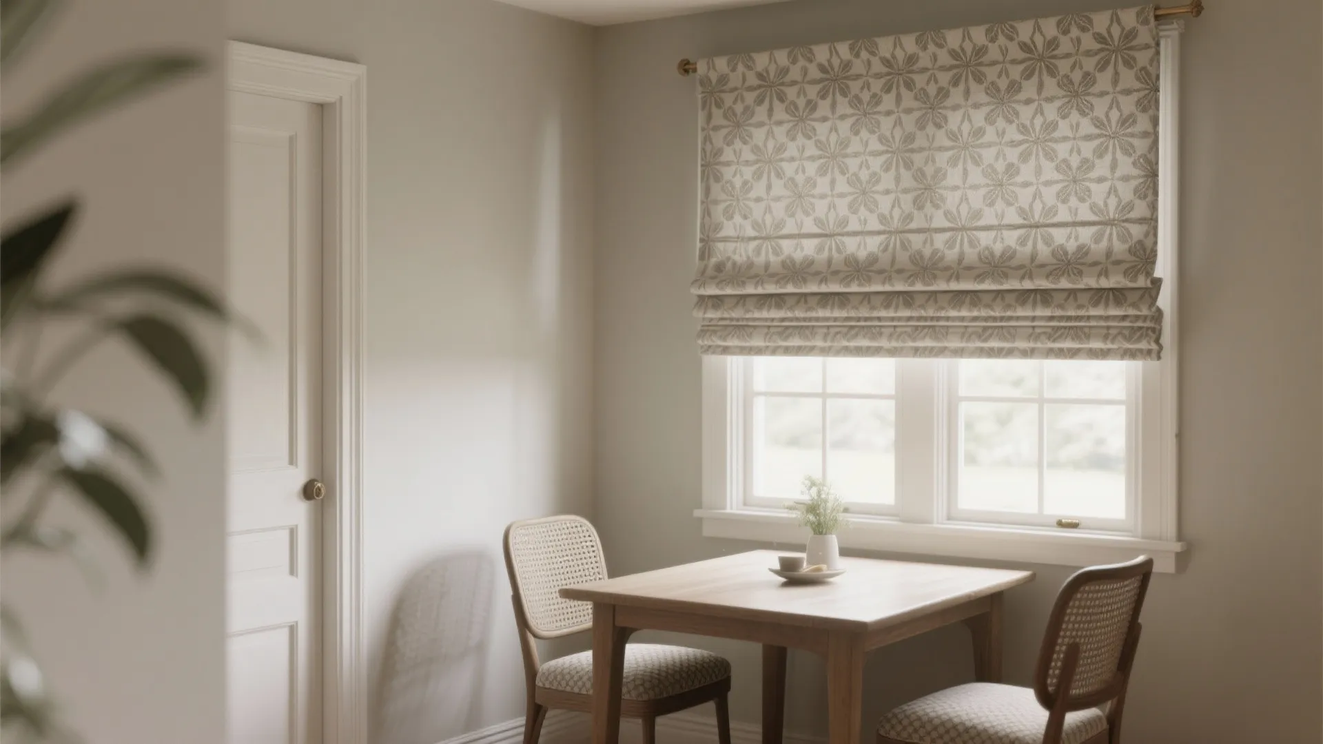 2. Patterned Roman shades to add texture without bulk