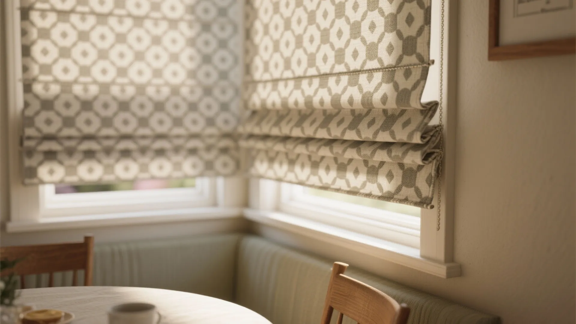 3. Patterned Roman shades for a comfy, tailored look