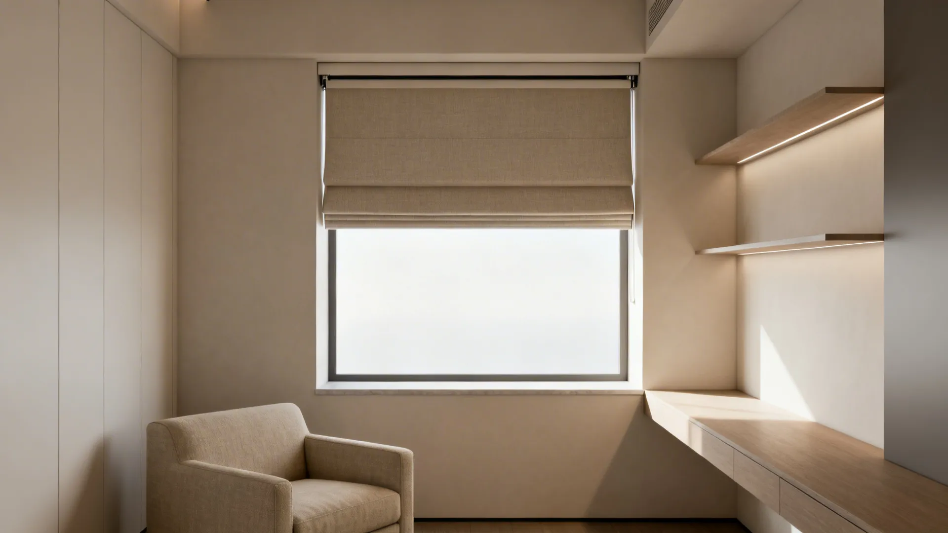 Minimalist living room with short Roman shades above the sill and a narrow cornice hiding hardware.