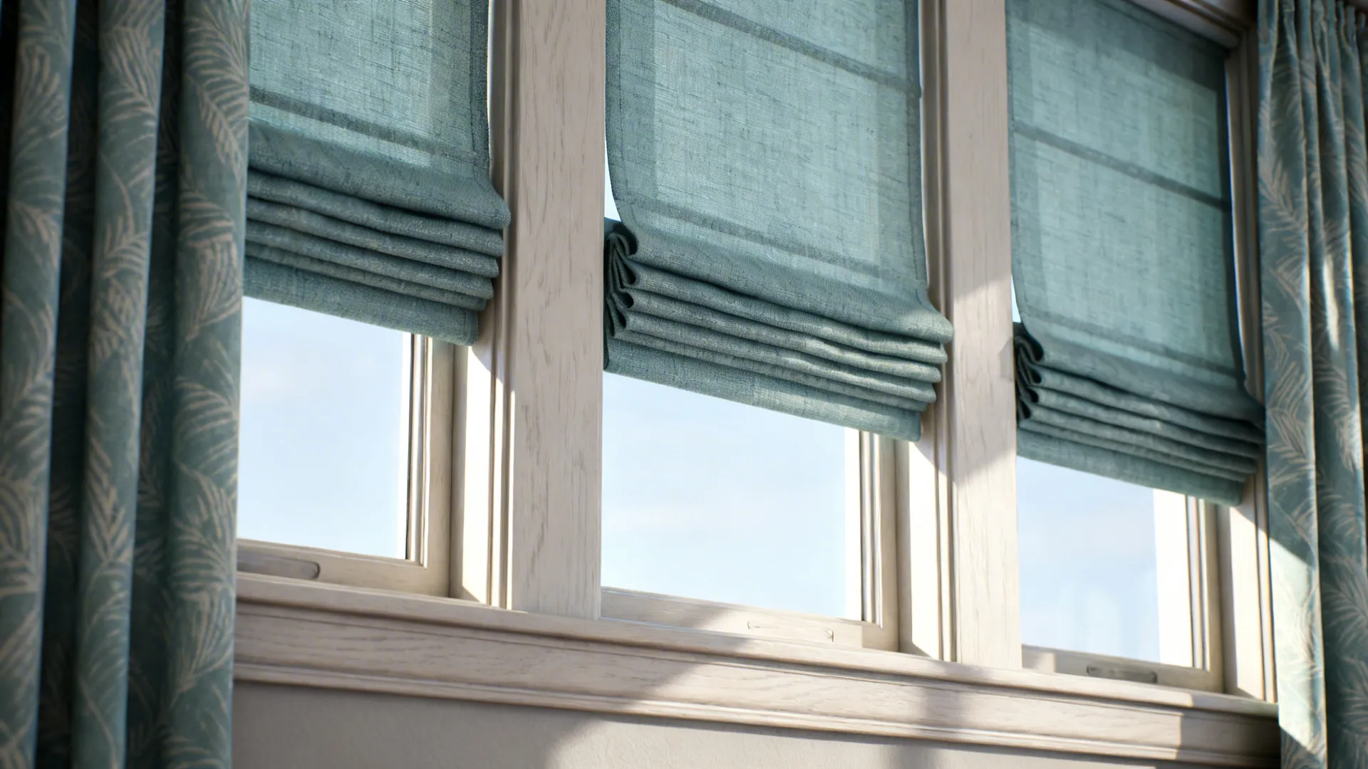 Three fitted Roman shades with a single coordinated drape across the windows, showing tidy folds and fabric detail.