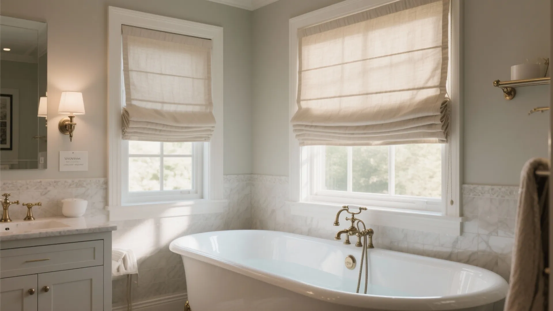Classic bathroom with white bathtub cream window blinds wall light marble tiles and gold faucet