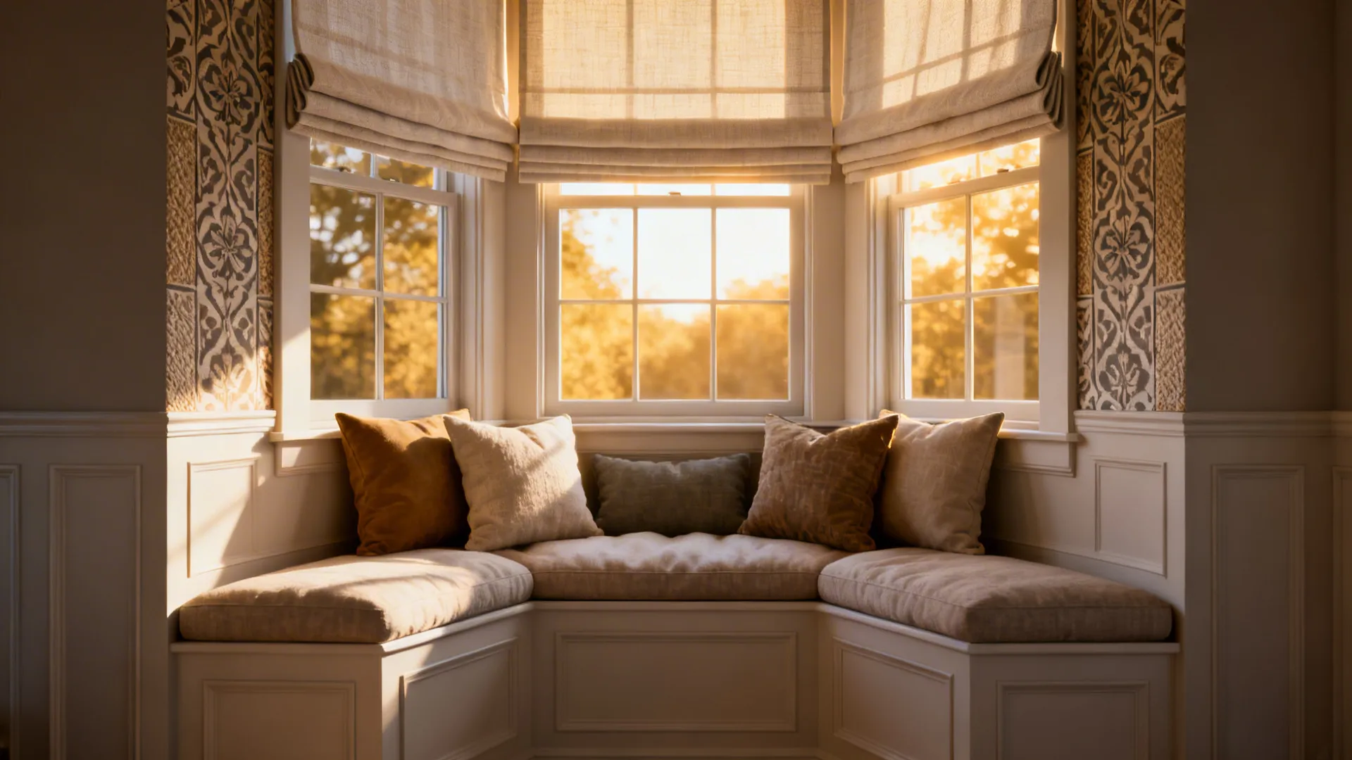 Bay window with short Roman shades and decorative side panels over a window seat