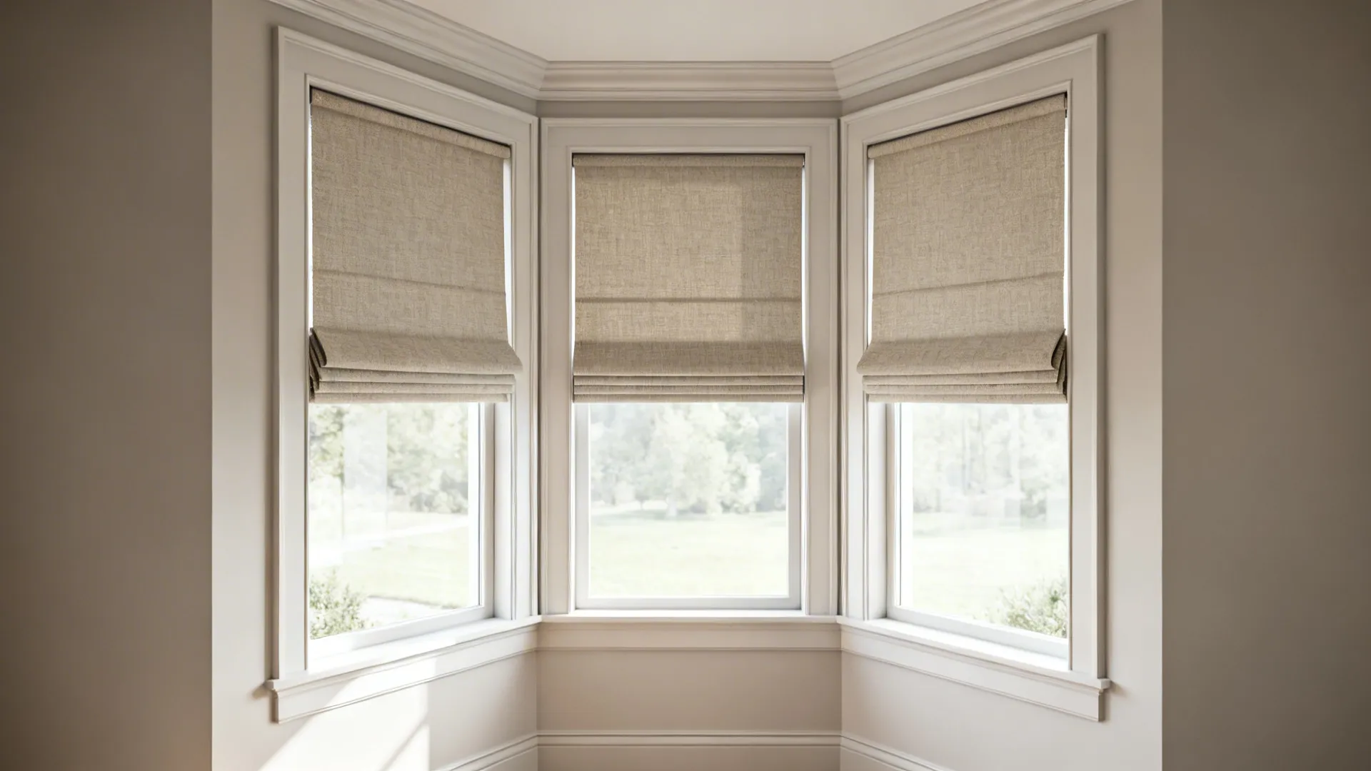 Angular bay window with tailored Roman shades mounted inside each pane