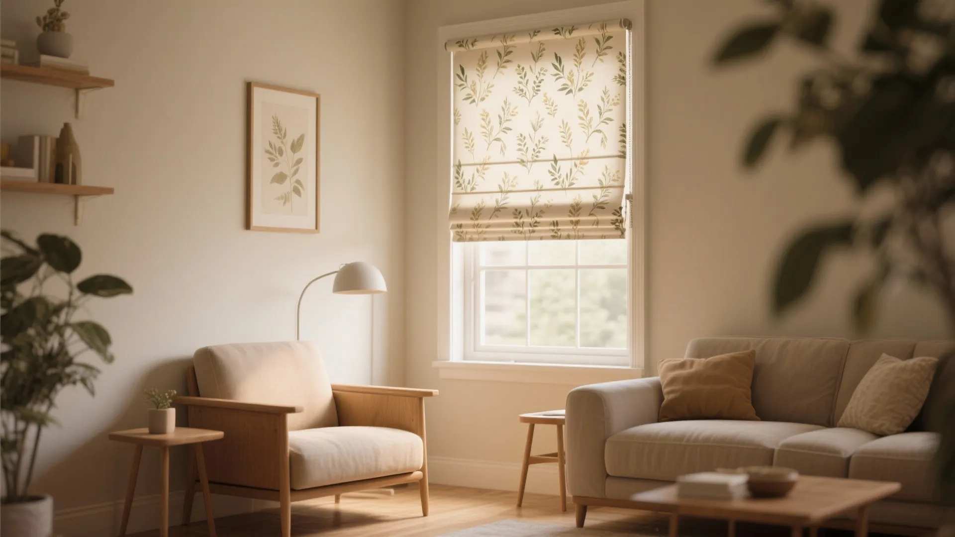 Modern living room featuring cream sofa and chair with leafy pattern window blinds and plant