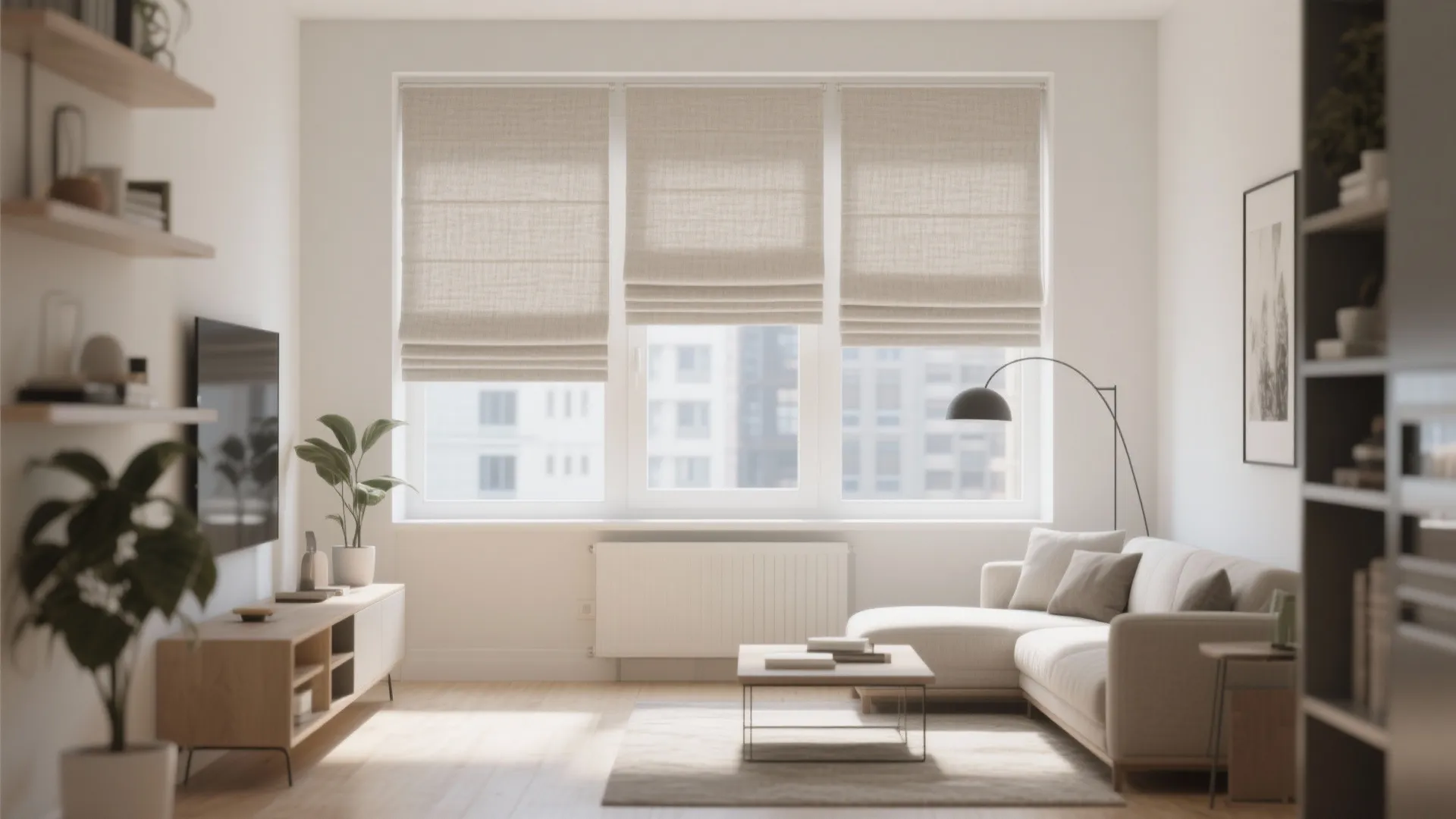 Minimalist living room with beige window shades white sofa wooden cabinet and black floor light fixture