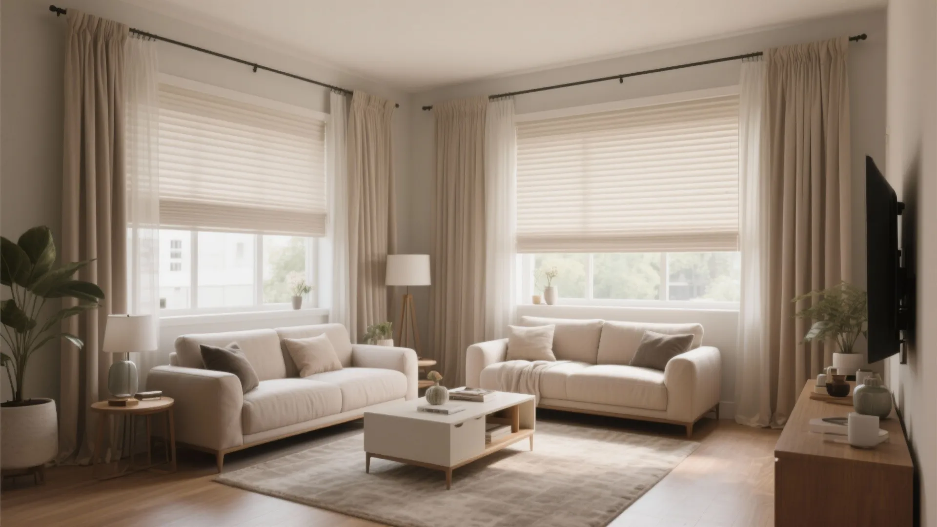 6. Roman Shades with Curtain Panels