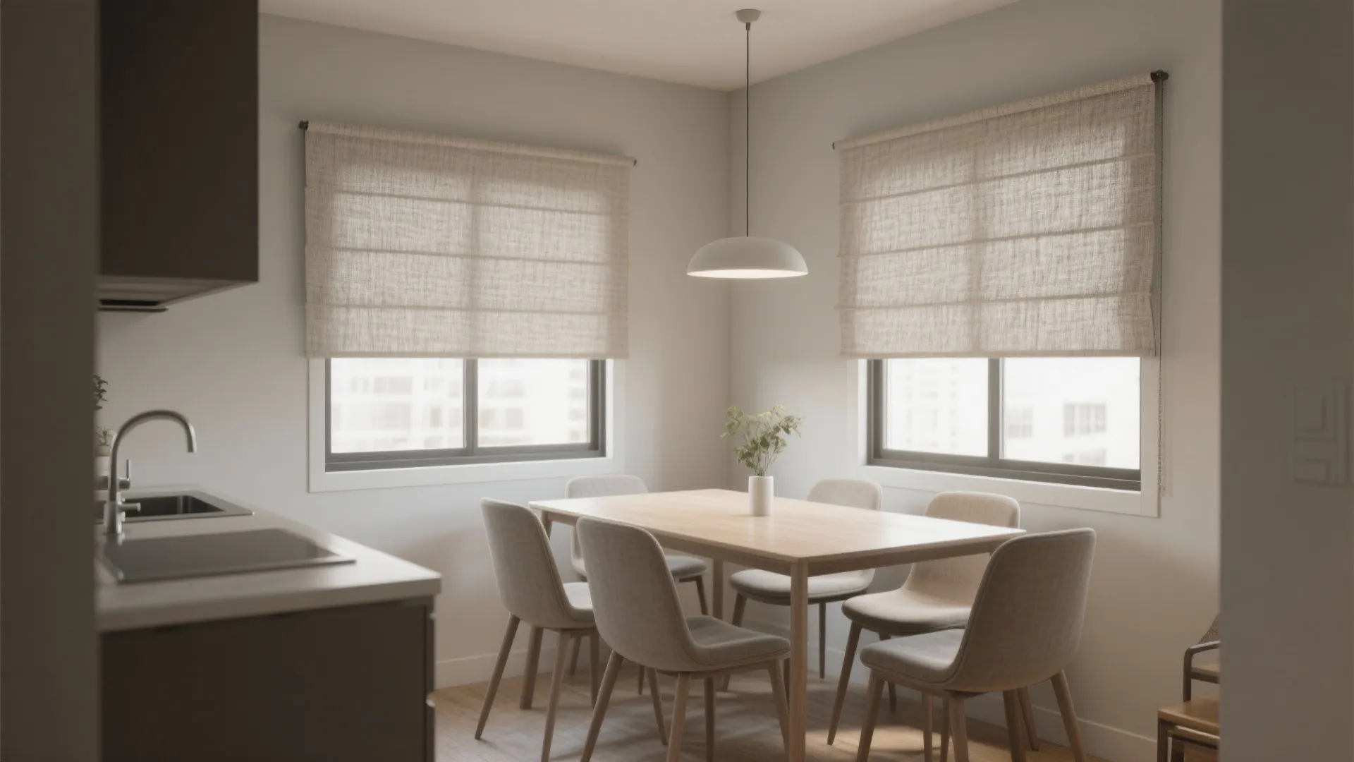 Minimalist dining nook with textured Roman shades
