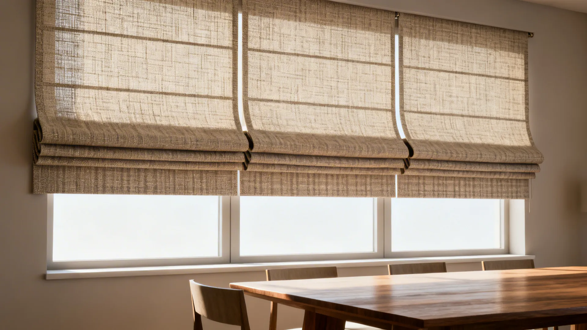 Modern dining room featuring three beige fabric window shades above a long wooden table with chairs