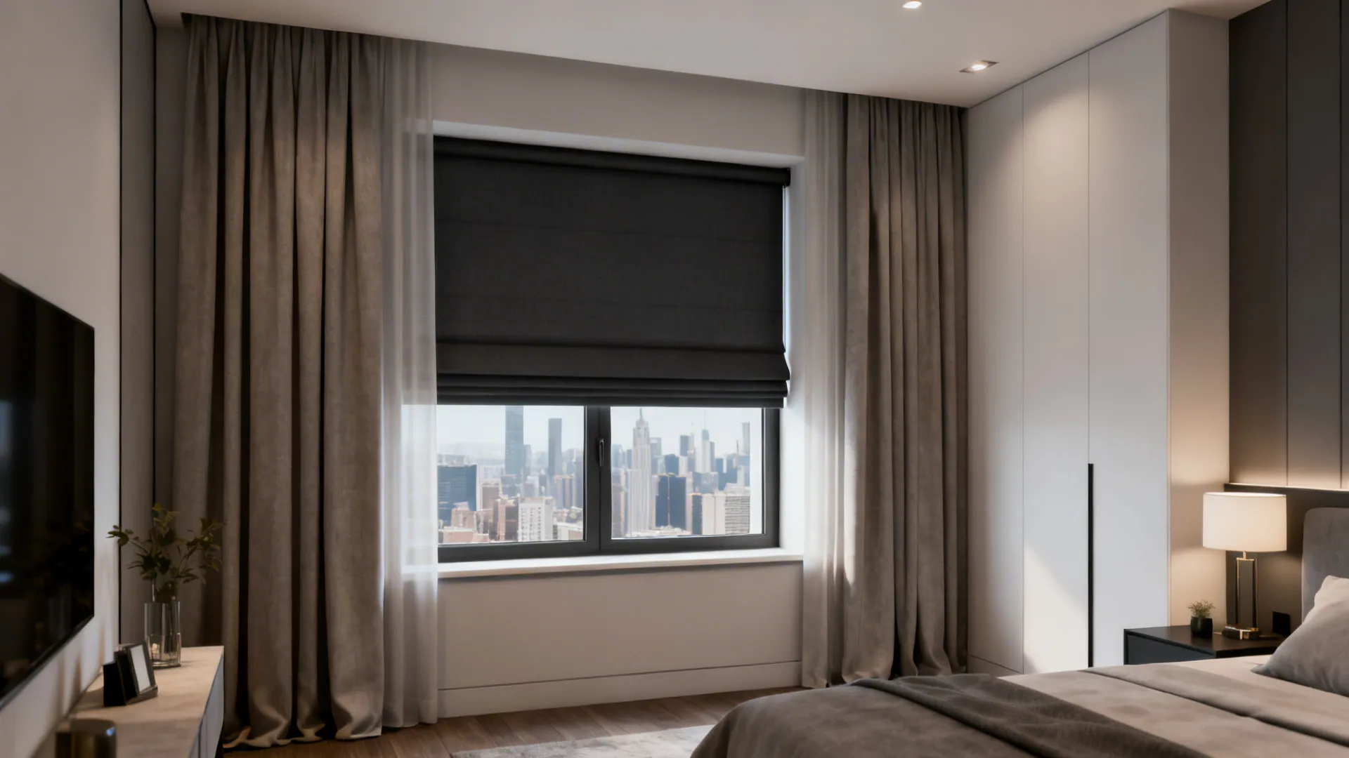 City apartment window with blackout Roman shades combined with side drapery for a tailored look.