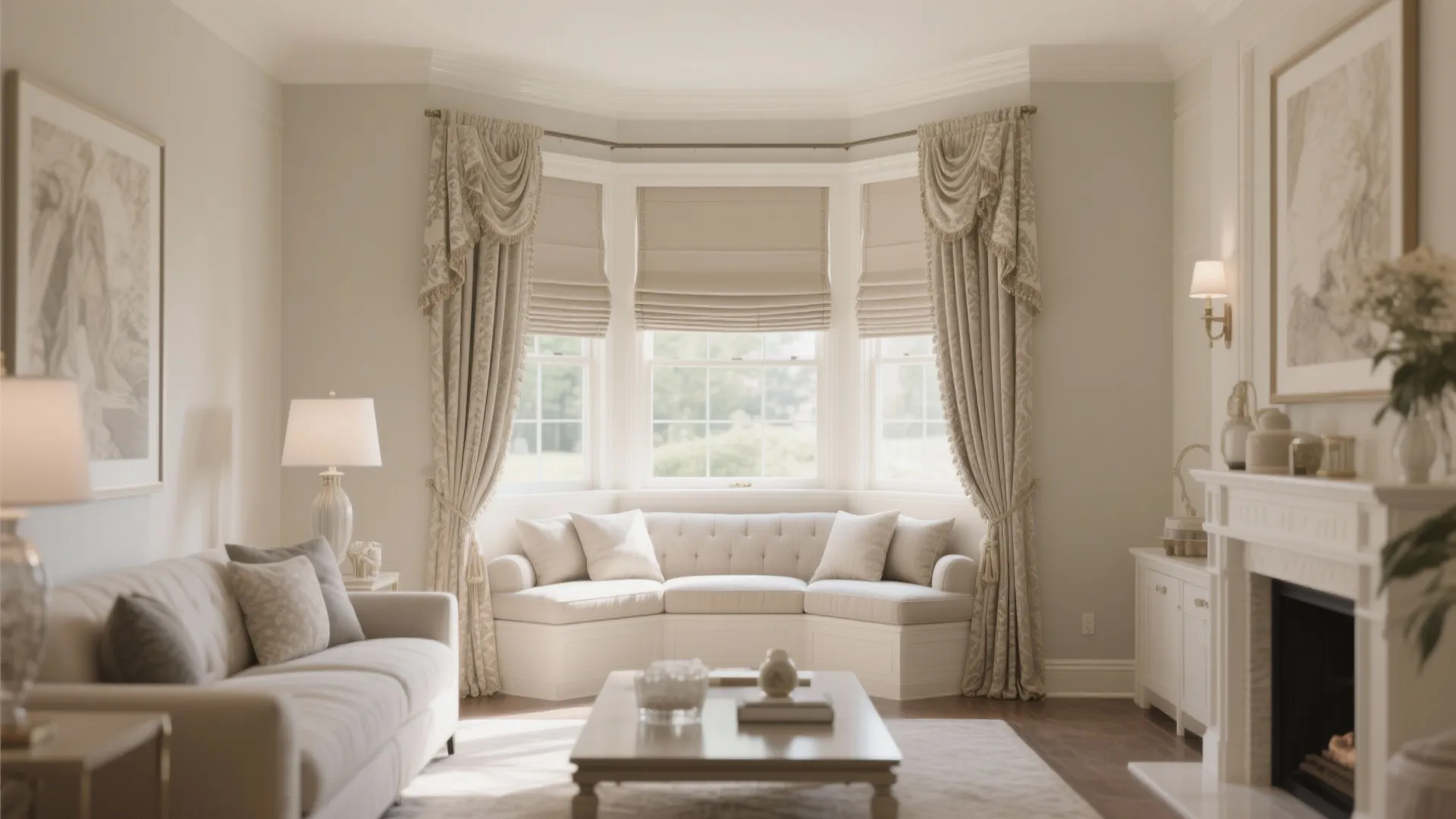 5. Roman Shades with Side Drapes