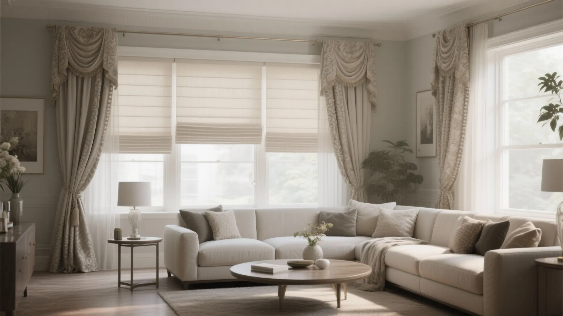 7. Roman Shades with Side Drapes