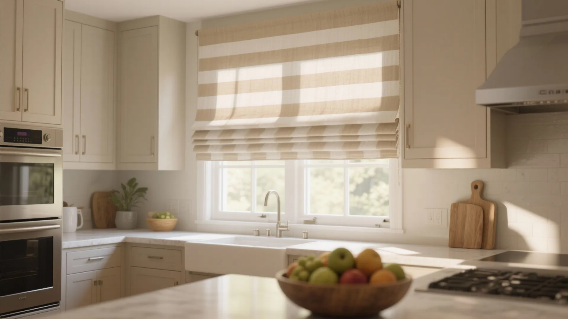 Light kitchen interior with striped window shade white cabinets marble counter and bowl of fresh fruit