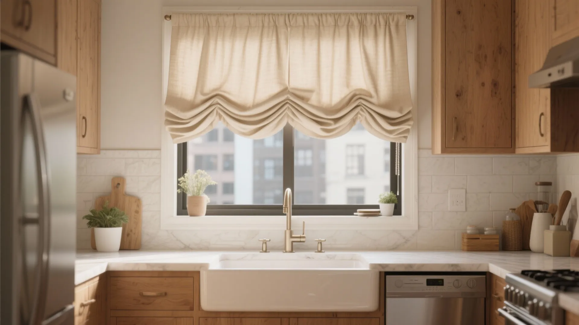 Modern kitchen with white sink gold faucet wooden cabinets and a beige fabric window curtain