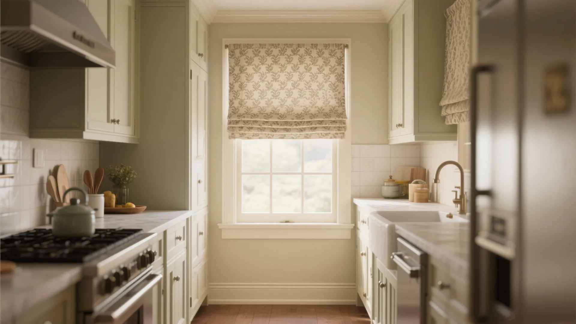 Galley kitchen with patterned linen Roman shades