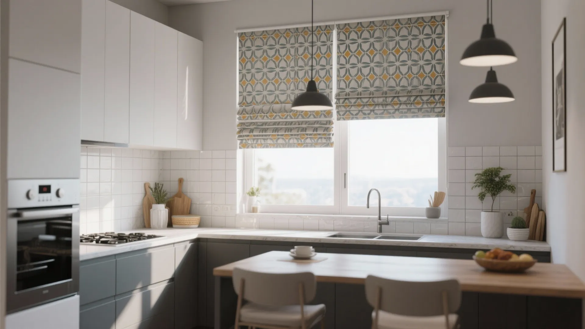Modern kitchen with patterned Roman shades matching backsplash