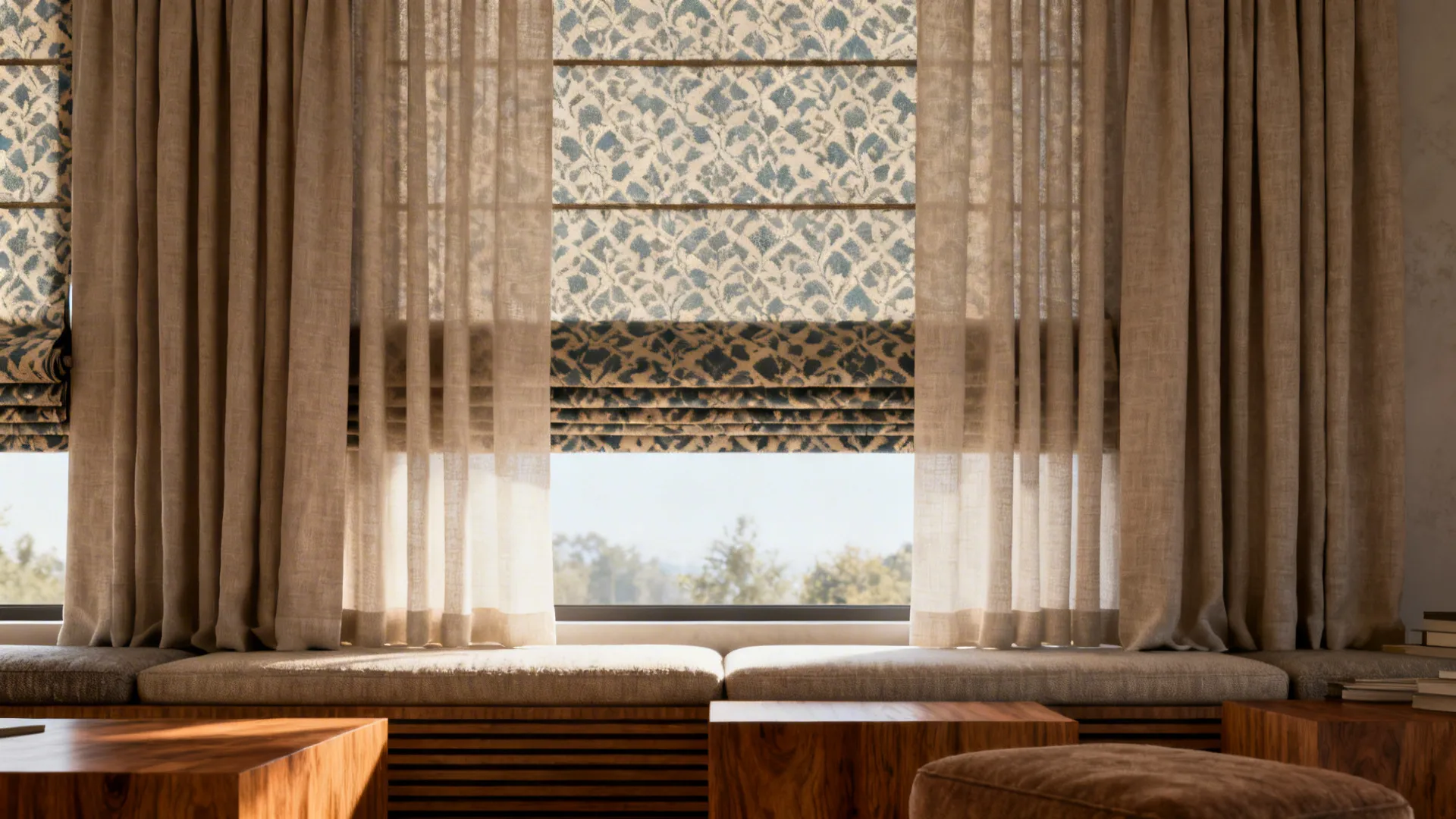 Mixed-use living area with patterned Roman shades layered under linen curtains for texture and light control.
