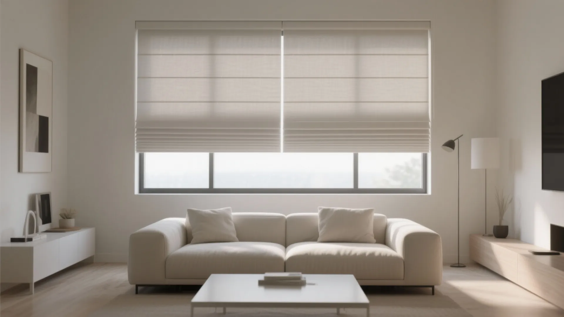Minimalist living room featuring cream sofa white window shades low white cabinet and light flooring