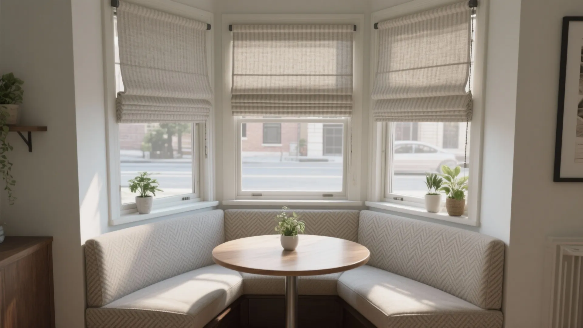 Tailored Roman shades for compact dining nooks