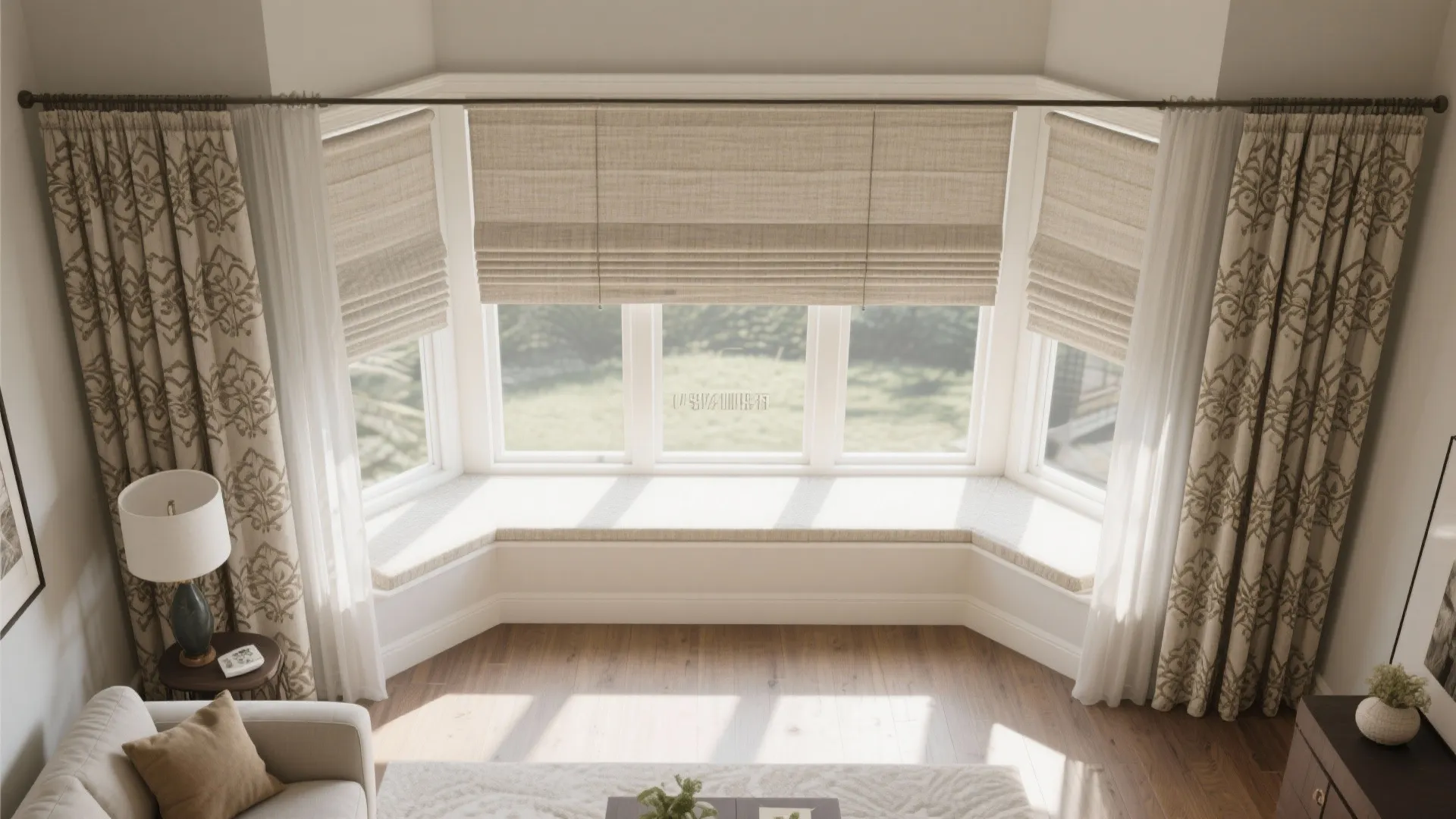 Large bay window with beige fabric window shades and patterned floor length curtain on side