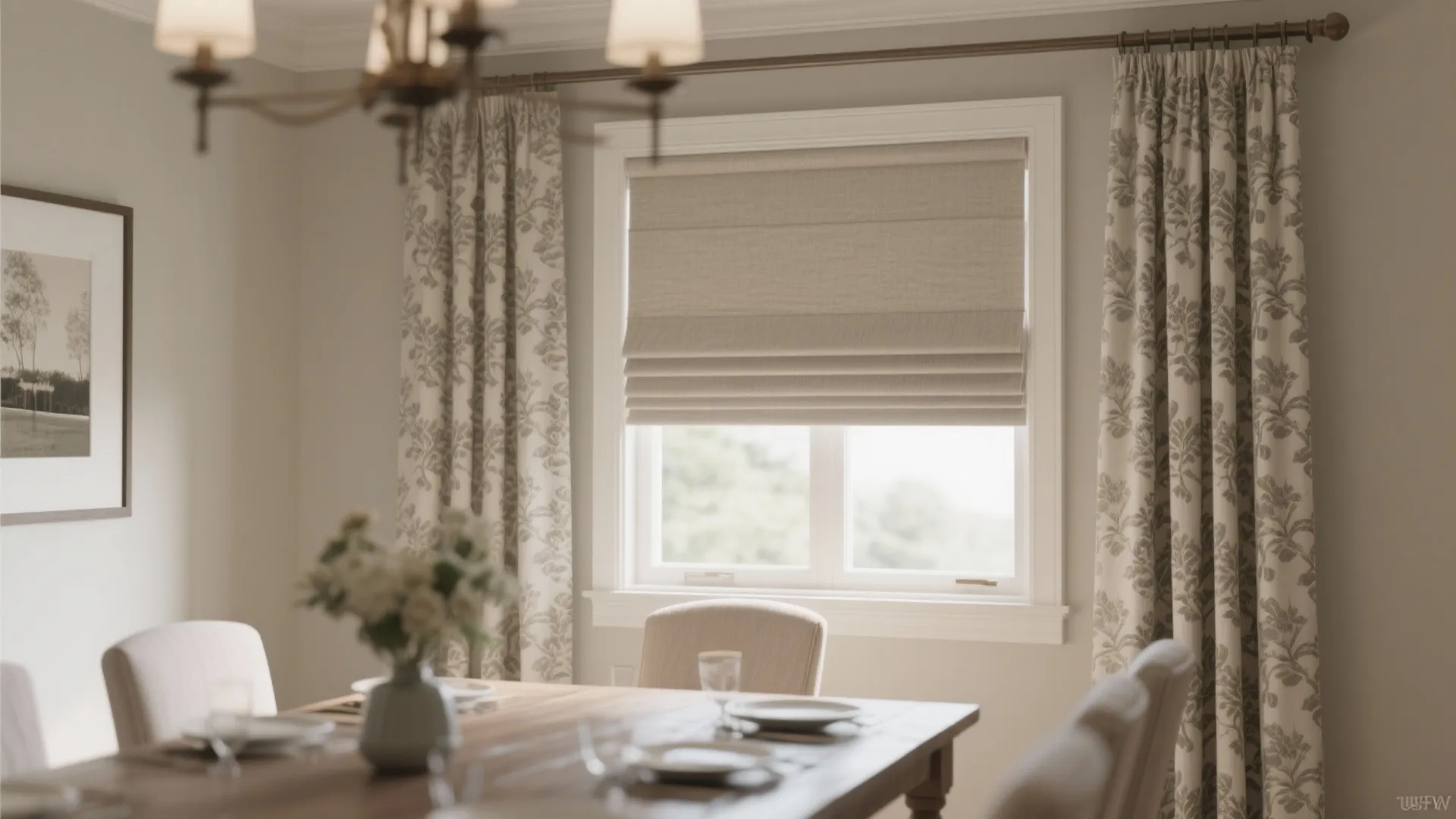 Roman shades with decorative side panels in dining area