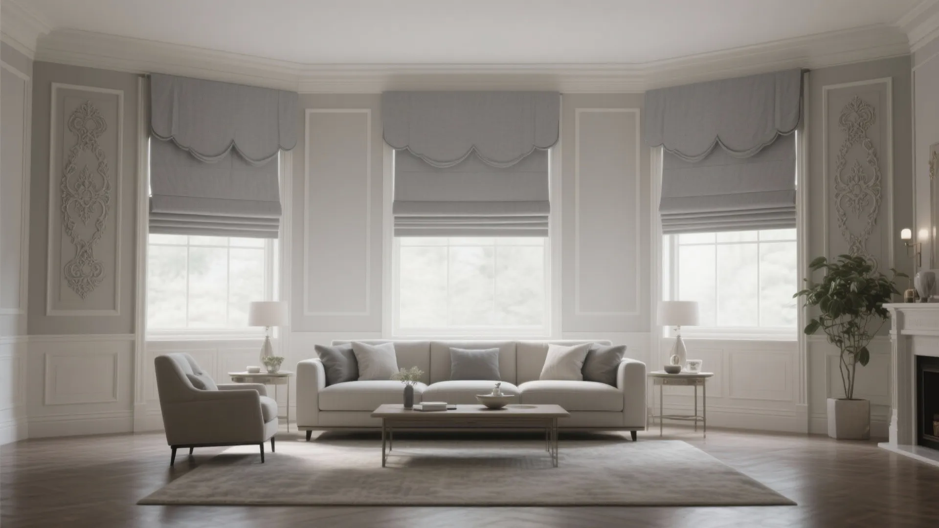 Classic living room with grey sofa armchair wooden coffee table grey curtains and wall panels