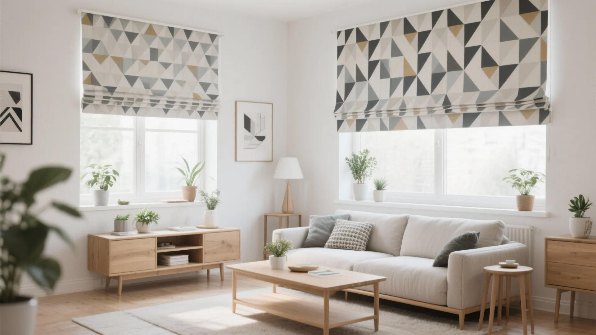 Bright living room featuring white sofa wooden coffee table and geometric pattern window blinds plants