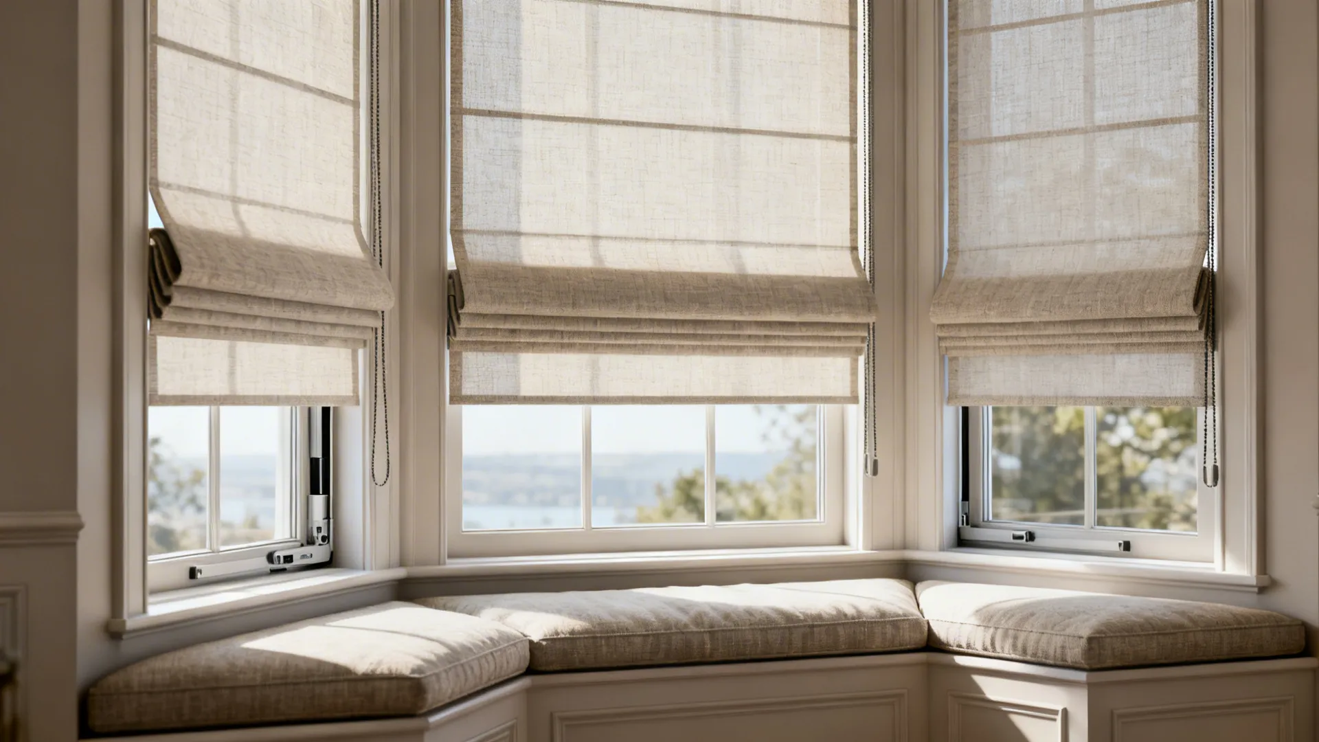 Bay window with sitting bench and light fabric blinds overlooking a calm blue sea view