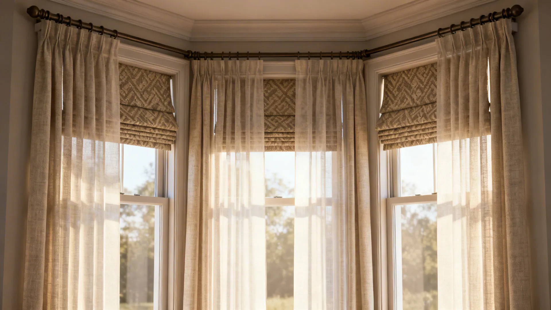 Layered treatments: Roman shades in each bay window with flowing sheer panels on a single rod, soft daylight diffused.