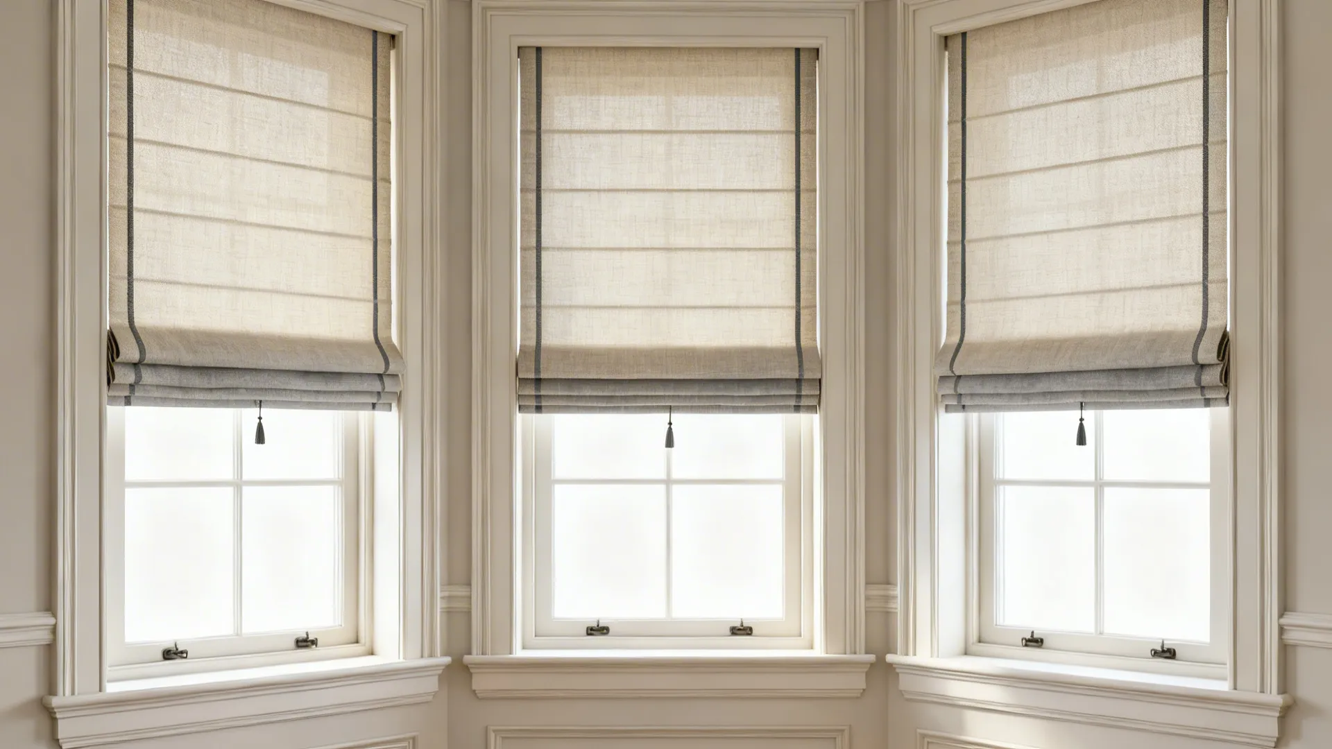 Inside-mounted Roman shades with slim side panels highlight classic trim.