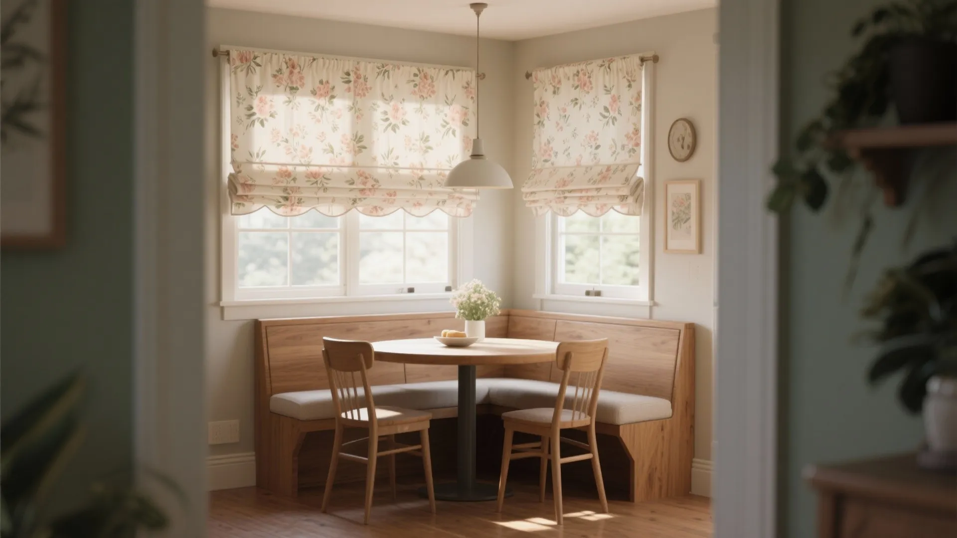 Small dining nook with Roman shades in soft floral prints