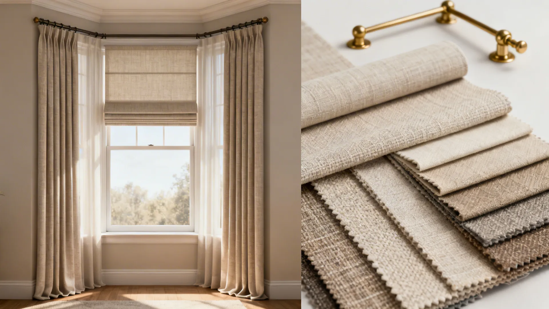 Roman shade fabric and layered curtain swatches displayed beside a bay window mockup.