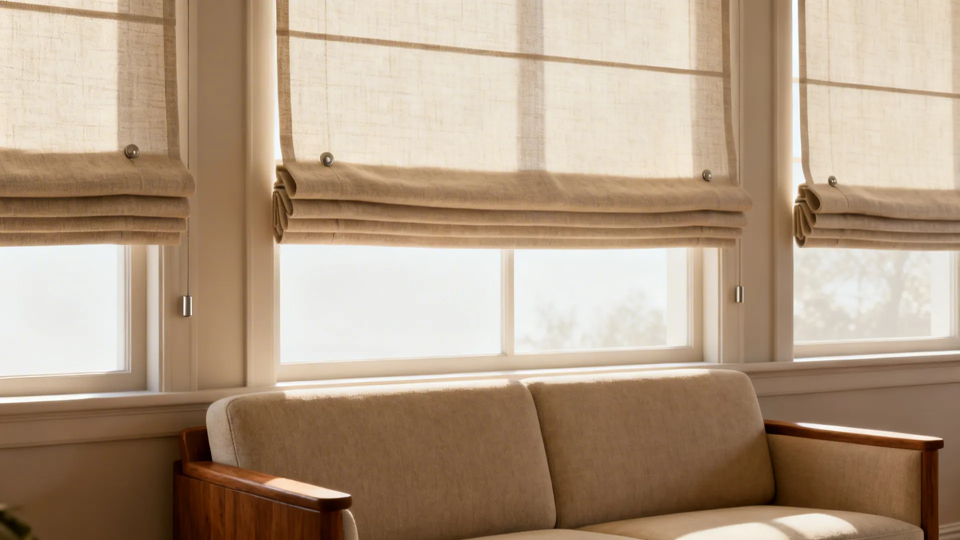 Living room with tailored linen Roman shades and mid-century decor.