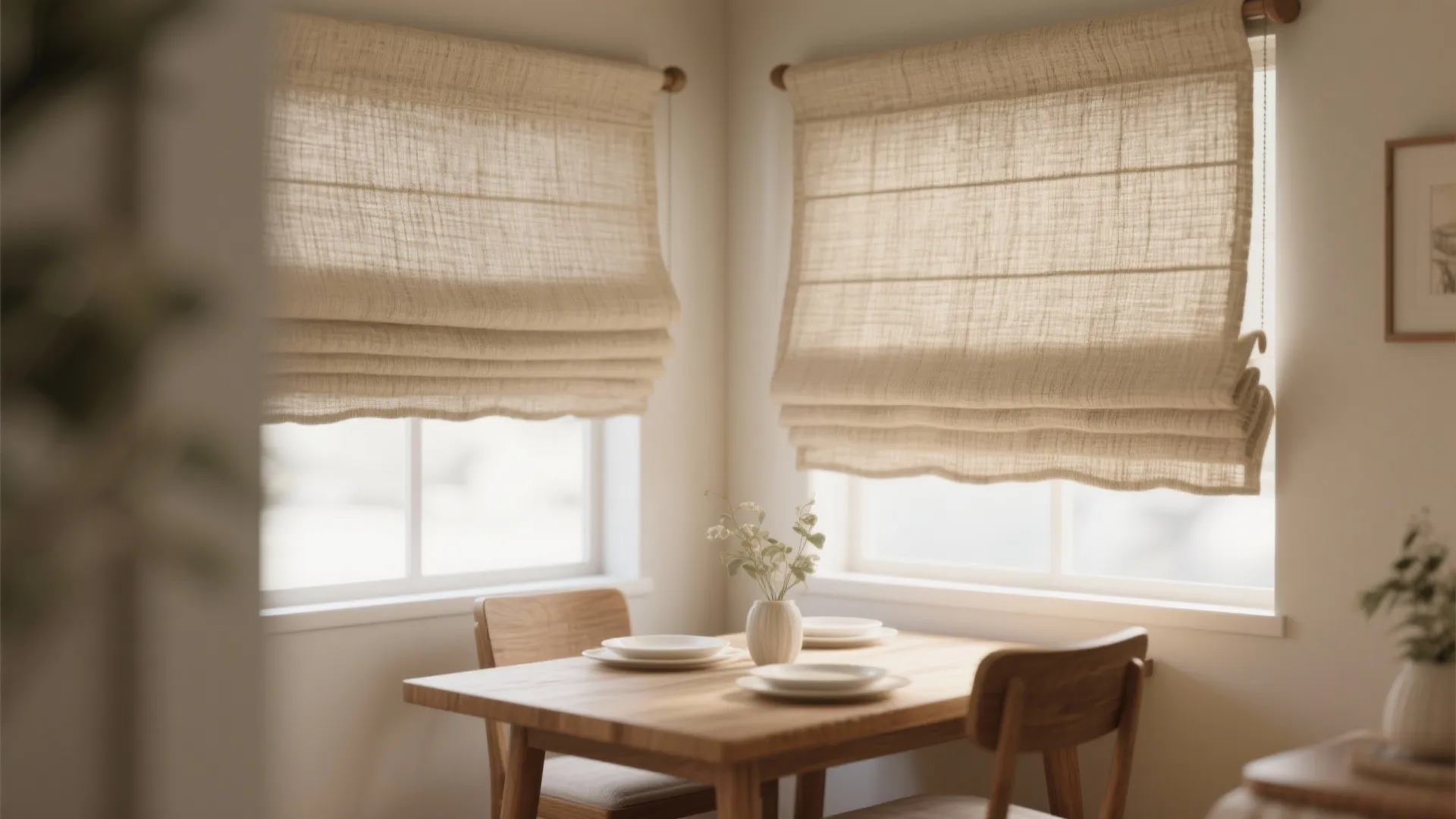 Close-up of textured linen roman shades in dining corner