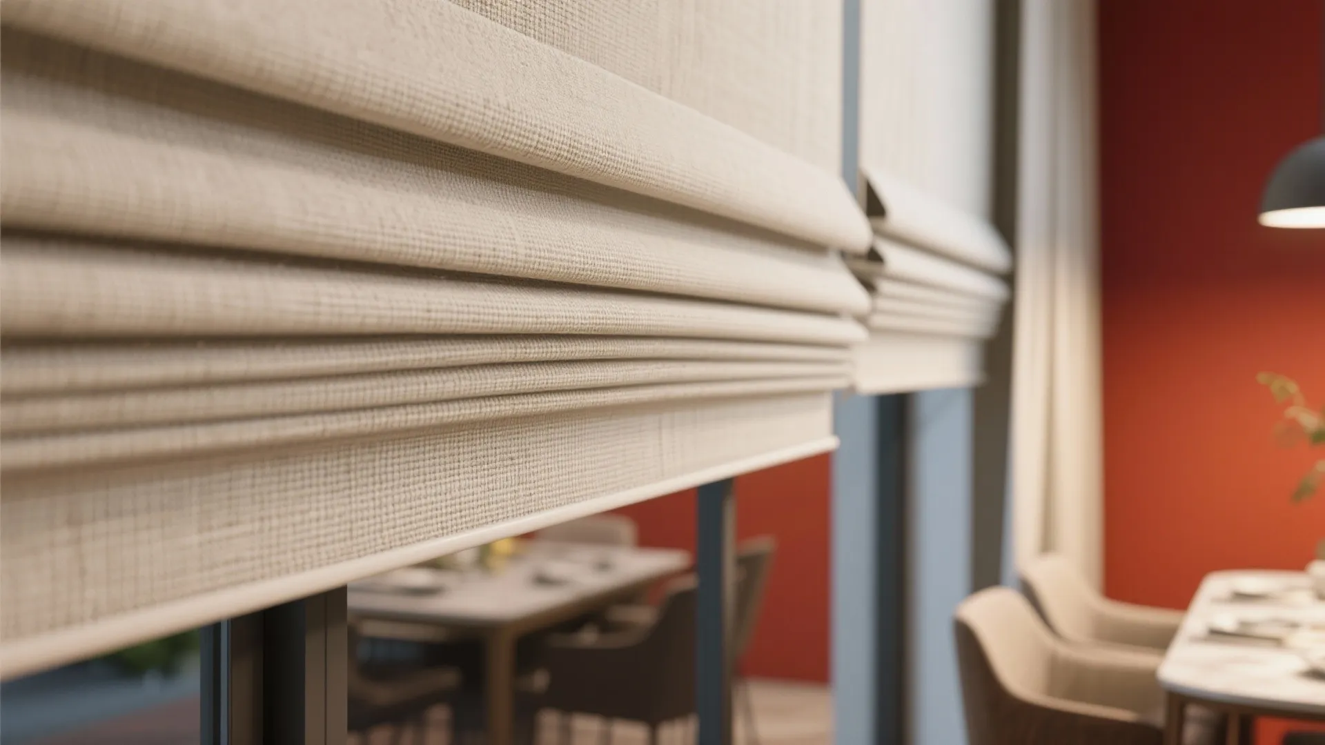 Close up view of beige fabric window blinds with folded texture in a modern dining room