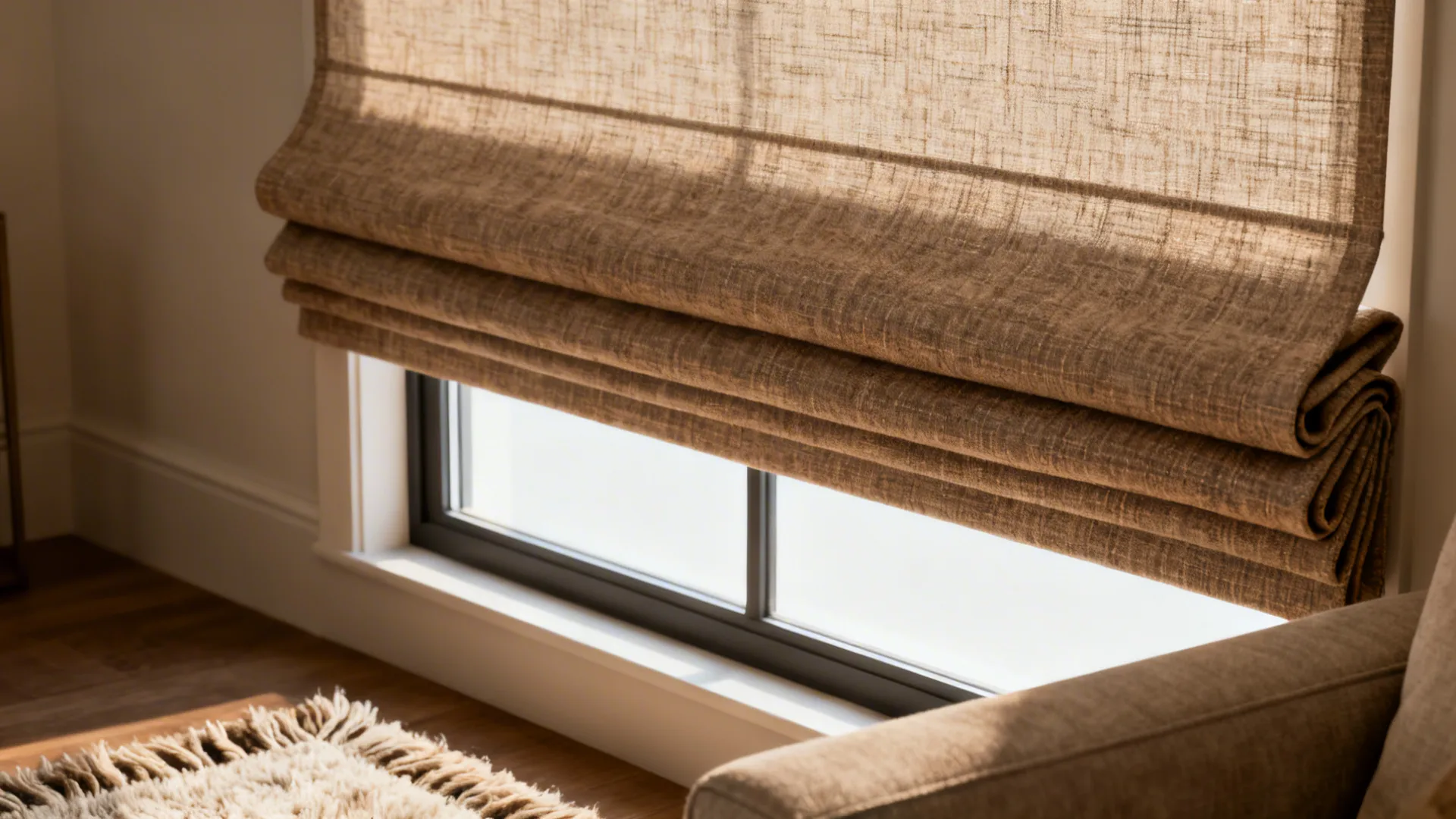 Window with textured Roman shades paired visually with sofa and rug for warmth and insulation.