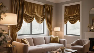 Elegant Living Room with Gold Velvet Curtains