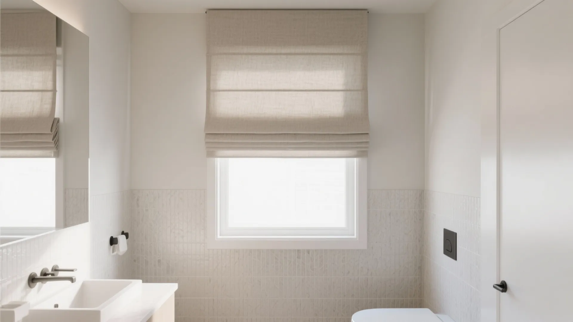 Minimalist white bathroom design with beige curtain on window vanity mirror and simple wall panel