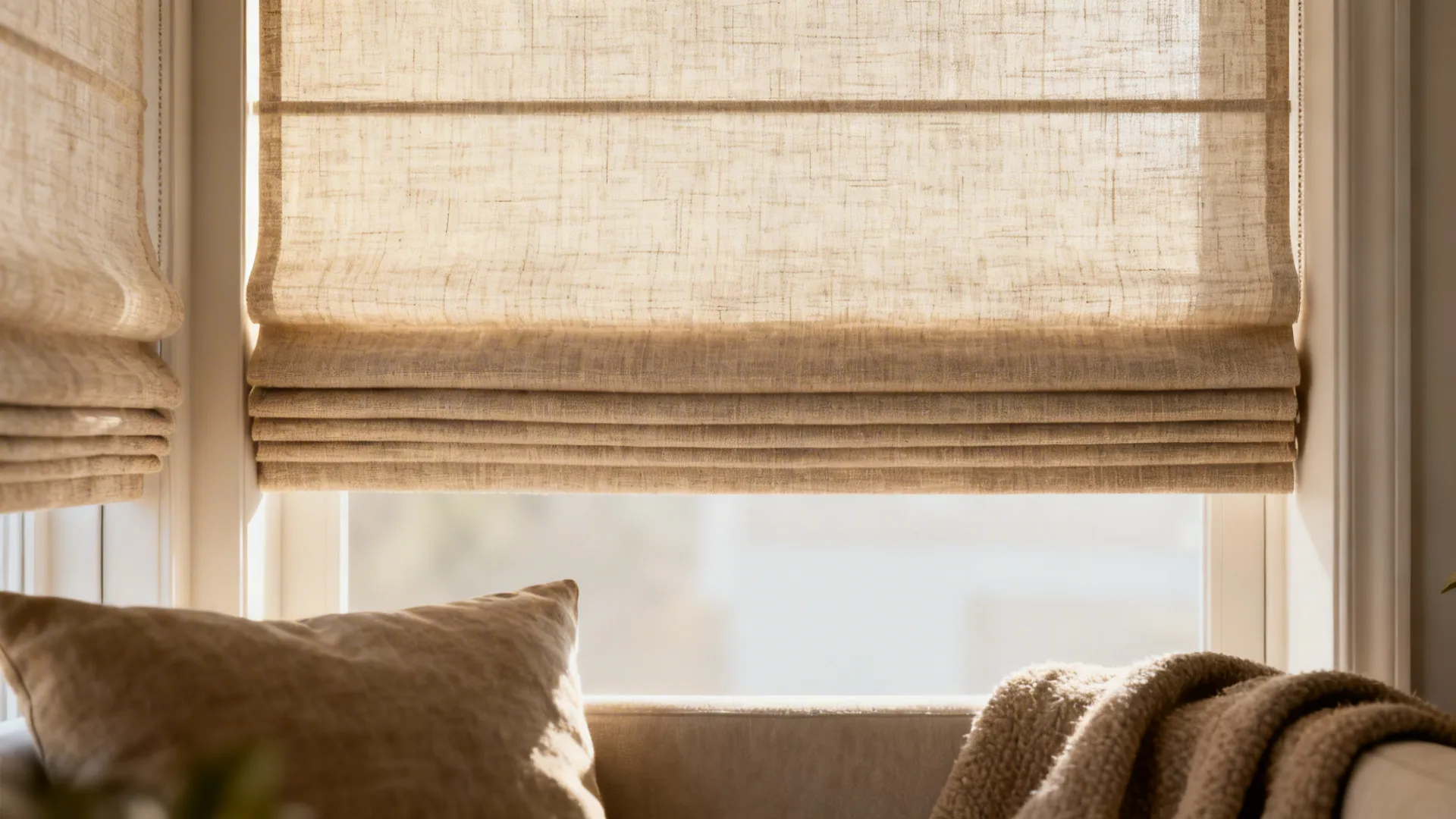 Linen roman blind folds showing texture and minimal stack depth in a cozy living room.